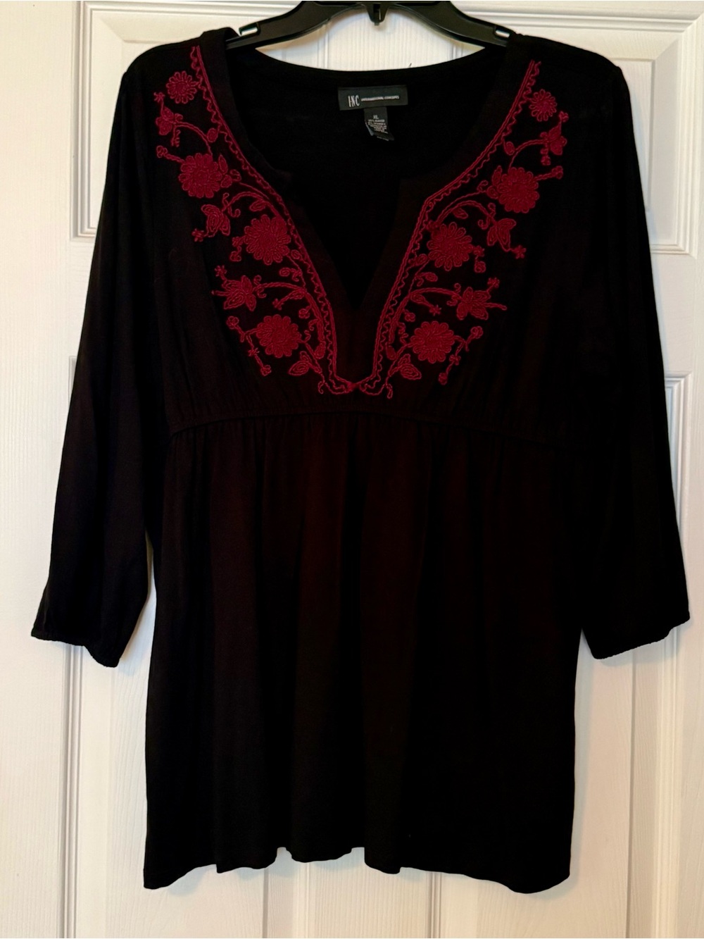 INC International Concepts Black Tunic with burgundy Floral Neck Embroidery